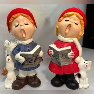 Vintage MCM Christmas Carolers Boy Girl Dog Cat  Knit Hats Pair Lund’s Lites